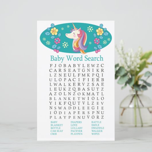 Unicorn Baby shower Word Search Game (Staand voorkant)