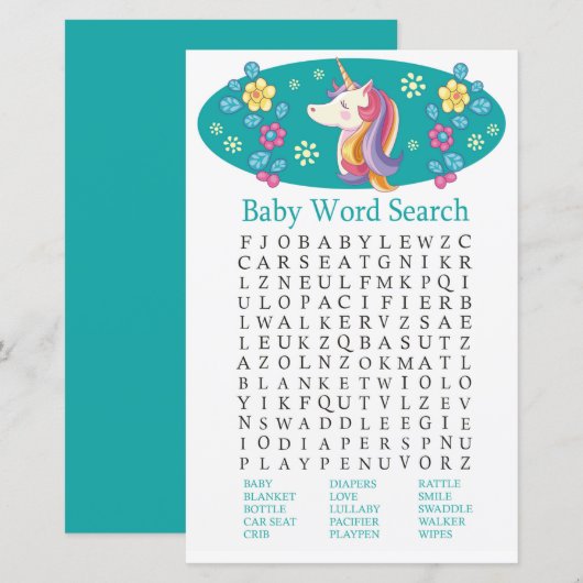 Unicorn Baby shower Word Search Game (Voorkant / Achterkant)