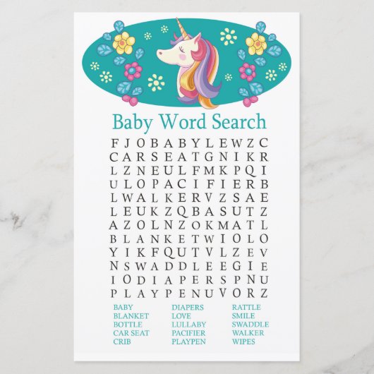 Unicorn Baby shower Word Search Game (Voorkant)