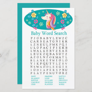 Unicorn Baby shower Word Search Game