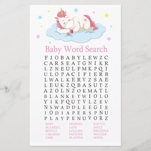 Unicorn Baby shower Word Search Game (Voorkant)