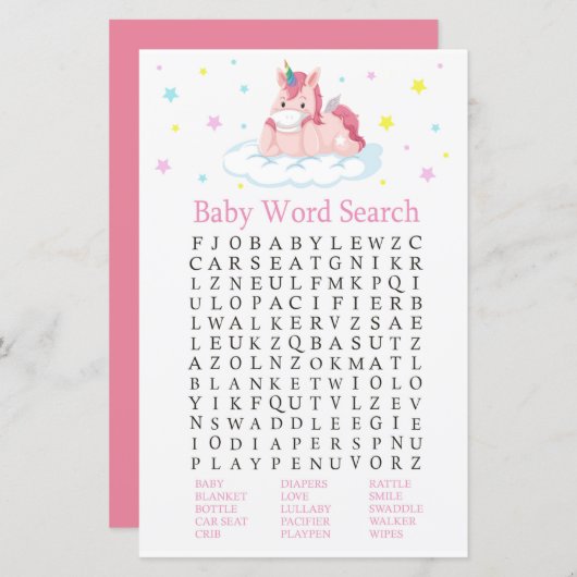 Unicorn Baby shower Word Search Game (Voorkant / Achterkant)