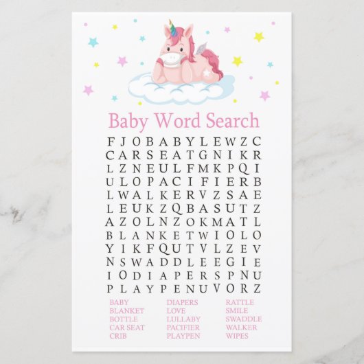 Unicorn Baby shower Word Search Game (Voorkant)