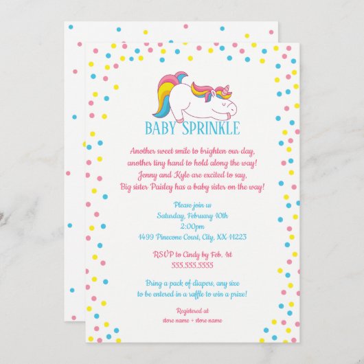 Unicorn Baby Sprinkle uitnodiging (Voorkant / Achterkant)