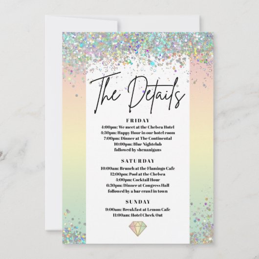 Unicorn Bachelorette Party Itinerary Invitation Kaart (Achterkant)
