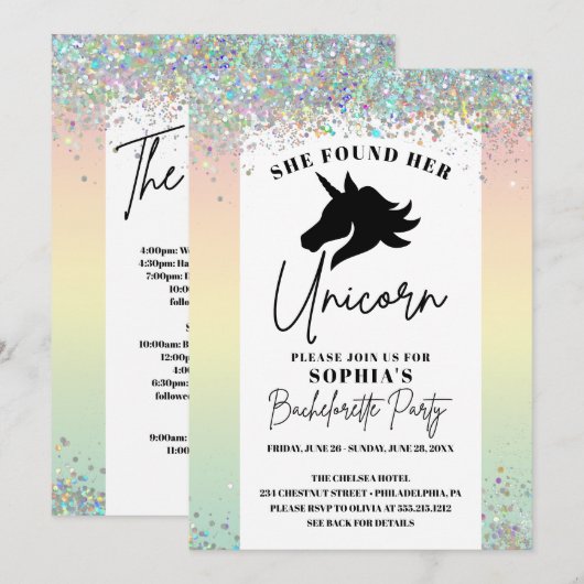 Unicorn Bachelorette Party Itinerary Invitation Kaart (Voorkant / Achterkant)