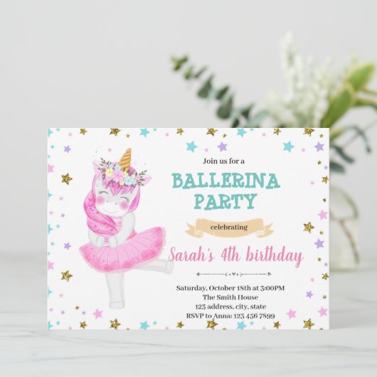 Unicorn ballerina feestuitnodiging kaart (Staand voorkant)