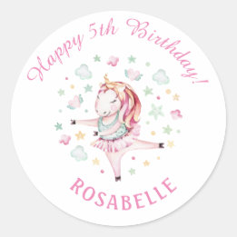 Unicorn Ballerina Girly PInk Birthday Party Ronde Sticker