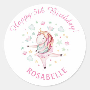 Unicorn Ballerina Girly PInk Birthday Party Ronde Sticker