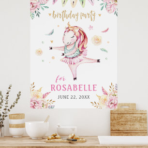 Unicorn Ballerina Pink Floral Birthday Party Poster