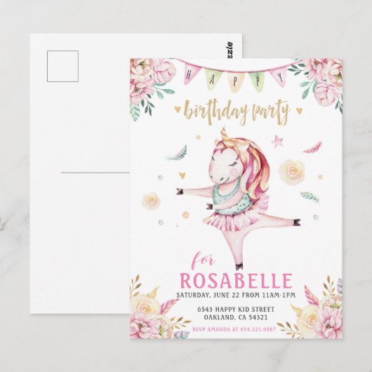 Unicorn Ballerina Pink Floral Birthday Uitnodiging (Voorkant / Achterkant)