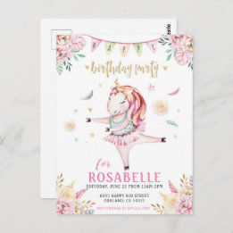 Unicorn Ballerina Pink Floral Birthday Uitnodiging