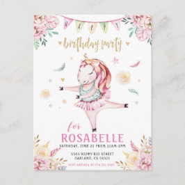 Unicorn Ballerina Pink Floral Birthday Uitnodiging