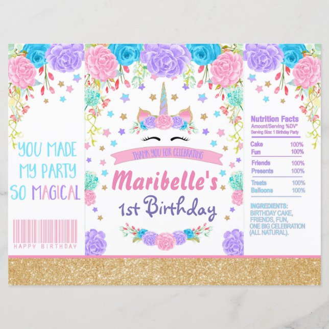 Unicorn Birthday Chip Bag Wrapper Party Favor (Voorkant)