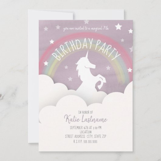 Unicorn Birthday Clouds + Stars Rainbow-Waterverf Kaart (Voorkant)