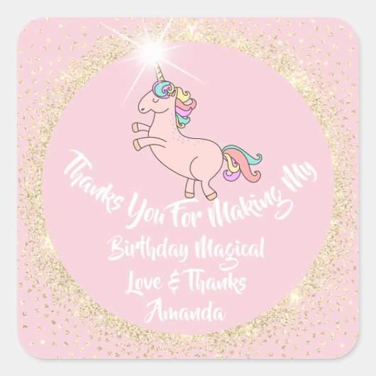 Unicorn Birthday Confetti Pink Bedankt Gold Spark Vierkante Sticker (Voorkant)