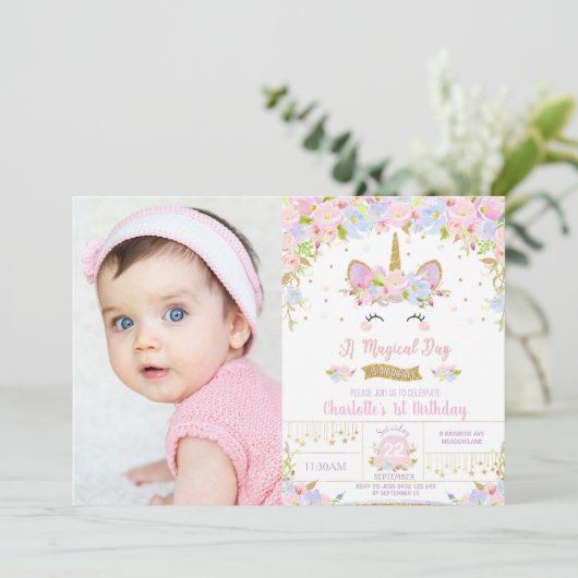 Unicorn Birthday Cute Floral Girls Foto Kaart (Staand voorkant)