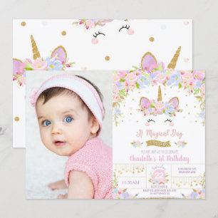 Unicorn Birthday Cute Floral Girls Foto Kaart