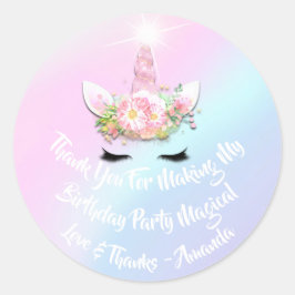 Unicorn Birthday Favor Pink Spark Gold Floral Blue Ronde Sticker