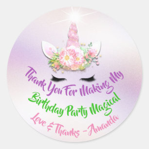Unicorn Birthday Favor Pink Spark Gold Floral Blue Ronde Sticker