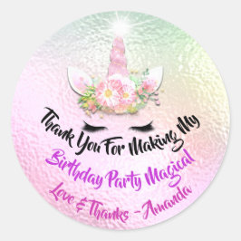 Unicorn Birthday Favor Pink Spark Gold Floral Ombr Ronde Sticker