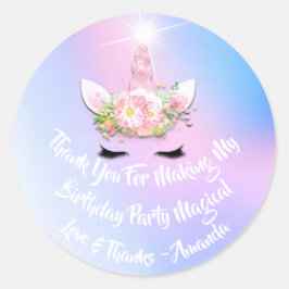 Unicorn Birthday Favor Pink Spark Gold Floral Ombr Ronde Sticker