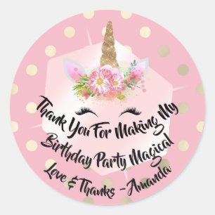 Unicorn Birthday Favor Roos Pink Stippen Lash Ronde Sticker