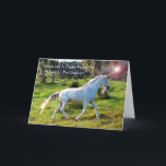 Unicorn, Birthday for Friend, Magical Dream Kaart<br><div class="desc">Fijne verjaardag voor een speciale vriend. Wenskaart heeft een eenhoorn met licht dat uit de punt van de hoorn komt. Magisch afbeelding met een witte eenhoorn die door het gras springt met bomen op de achtergrond. Origineel foto-element met dank aan USDA/SBauer (Public Domain). Copyright © Shoaff-Ballanger Studios.</div>