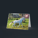 Unicorn, Birthday for Friend, Magical Dream Kaart<br><div class="desc">Fijne verjaardag voor een speciale vriend. Wenskaart heeft een eenhoorn met licht dat uit de punt van de hoorn komt. Magisch afbeelding met een witte eenhoorn die door het gras springt met bomen op de achtergrond. Origineel foto-element met dank aan USDA/SBauer (Public Domain). Copyright © Shoaff-Ballanger Studios.</div>