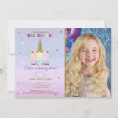Unicorn Birthday Foto Uitnodiging Roze Paars Gold (Voorkant)