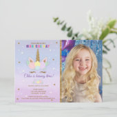 Unicorn Birthday Foto Uitnodiging Roze Paars Gold (Staand voorkant)