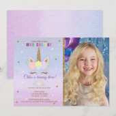 Unicorn Birthday Foto Uitnodiging Roze Paars Gold (Voorkant / Achterkant)