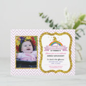 Unicorn Birthday Foto: Uitnodiging tot goudglitter (Staand voorkant)