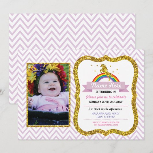 Unicorn Birthday Foto: Uitnodiging tot goudglitter (Voorkant / Achterkant)