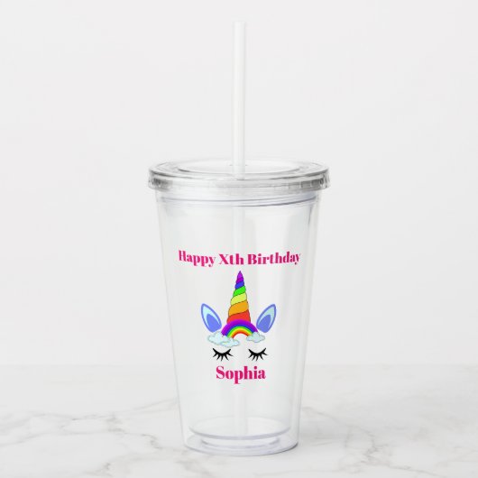 Unicorn Birthday Girl Cute Rainbow Voeg naampagina Acryl Drinkbeker (Voorkant)
