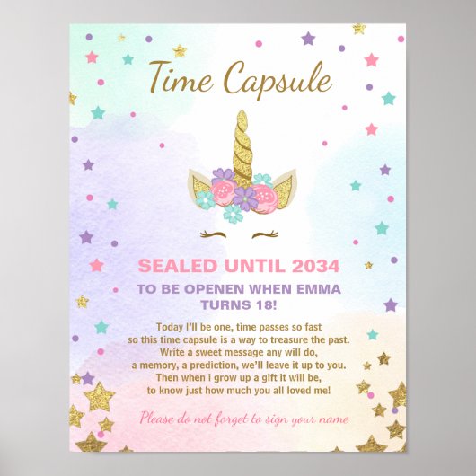 Unicorn Birthday guestbook Time Capsule Pink Girl Poster (Voorkant)
