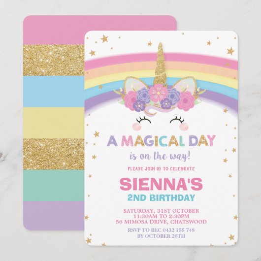 Unicorn Birthday Invitation 1st Birthday Party Kaart (Voorkant / Achterkant)