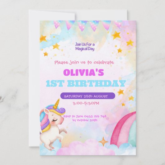 Unicorn Birthday Invitation 1st Birthday Party Kaart (Voorkant)