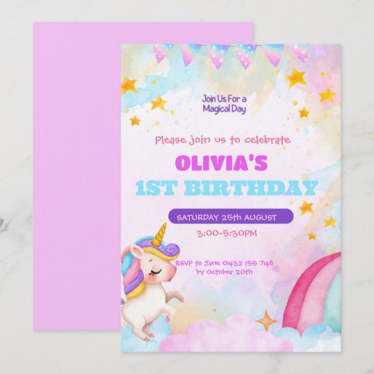 Unicorn Birthday Invitation 1st Birthday Party Kaart (Voorkant / Achterkant)