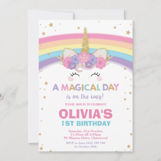 Unicorn Birthday Invitation 1st Birthday Party Kaart (Voorkant)