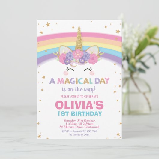 Unicorn Birthday Invitation 1st Birthday Party Kaart (Staand voorkant)