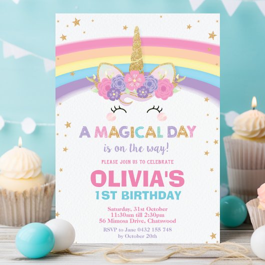 Unicorn Birthday Invitation 1st Birthday Party Kaart