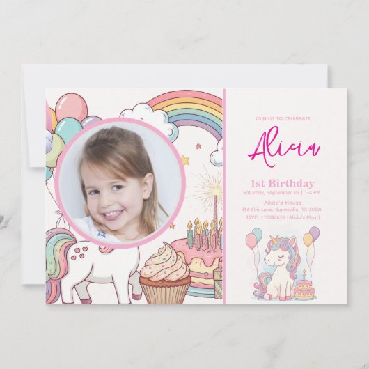 Unicorn Birthday Invitation 1st Birthday Party Kaart (Voorkant)
