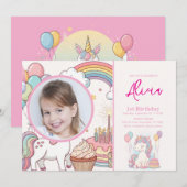 Unicorn Birthday Invitation 1st Birthday Party Kaart (Voorkant / Achterkant)