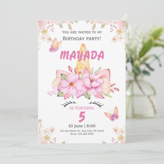 Unicorn Birthday Invitation for Girls Kaart (Staand voorkant)