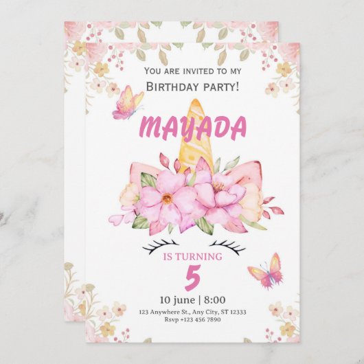 Unicorn Birthday Invitation for Girls  Kaart (Voorkant / Achterkant)