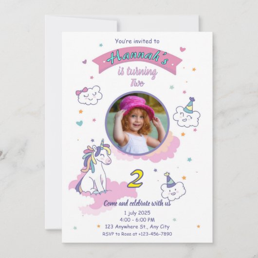 Unicorn birthday invitation girl bday invite kaart (Voorkant)