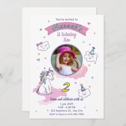 Unicorn birthday invitation girl bday invite kaart (Voorkant / Achterkant)