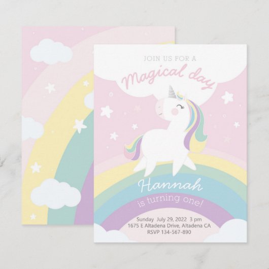 Unicorn birthday invitation kaart (Voorkant / Achterkant)