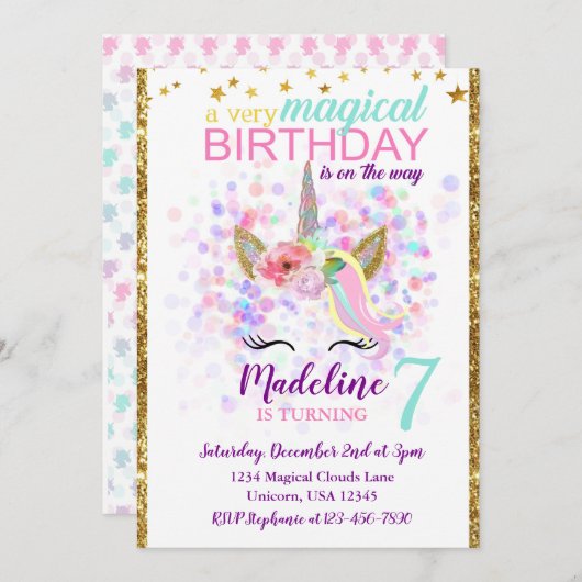 Unicorn Birthday Invitation Magical Celebration Kaart (Voorkant / Achterkant)